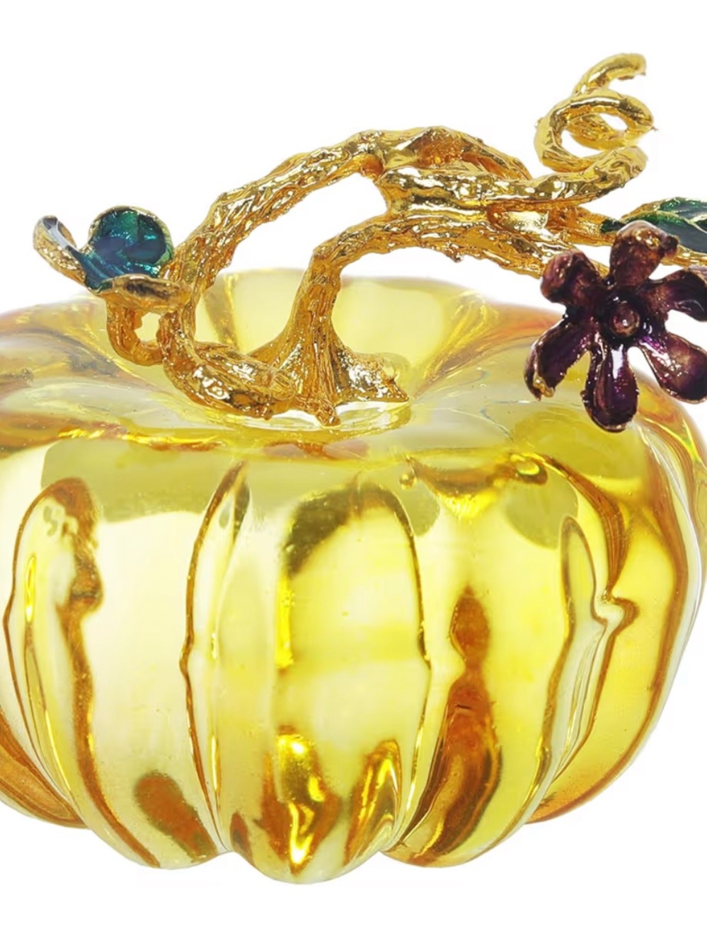 Decorative Yellow Glass Pumpkin Pair with Gold Stem Accents - Picture 4 of 4